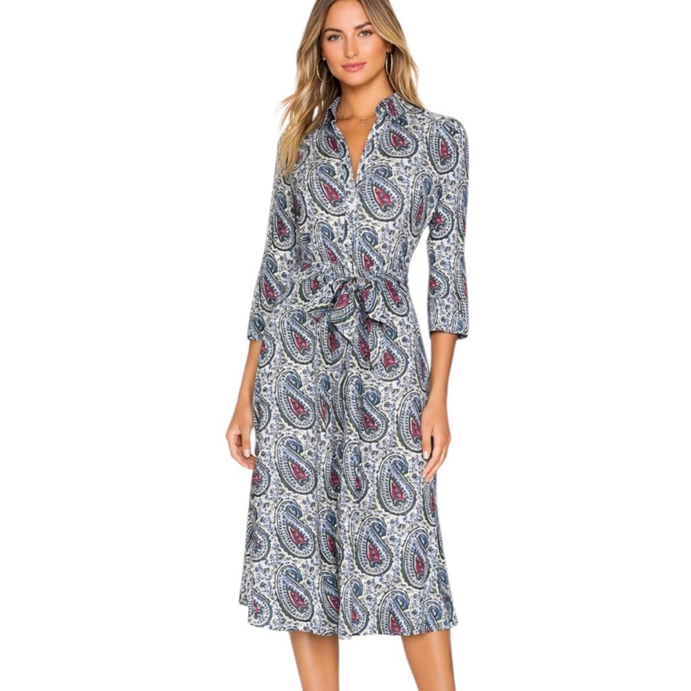 Mary Marshmallow Cotton Paidley Belted Midi Dress Blue and Green size XS